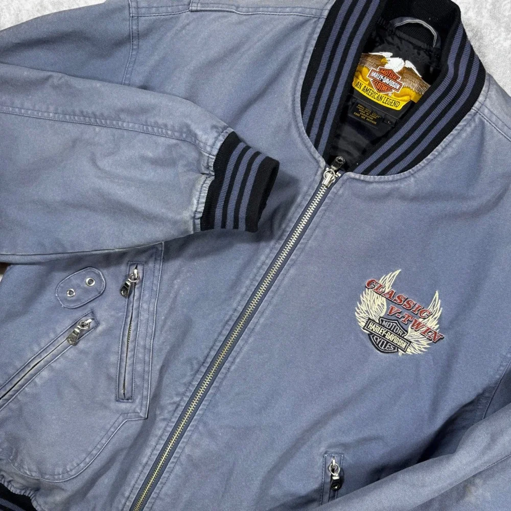 Harley Davidson Classic V-Twin Canvas Bomber Jacket Blue Gray Mens Large Vintage
